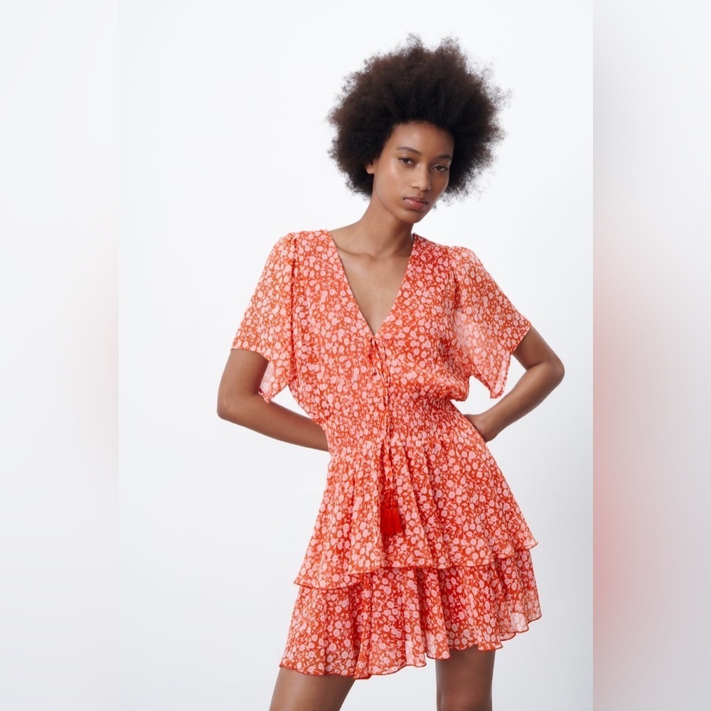 Zara Red Orange Floral Ruffle Mini Dress Size S NWT Tie Waist V Neck